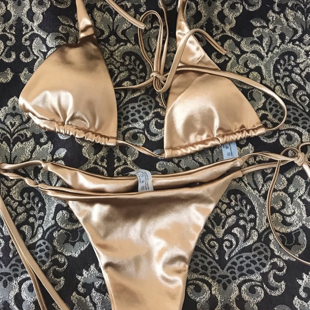 Satin Triangle Bikini Set - Gold